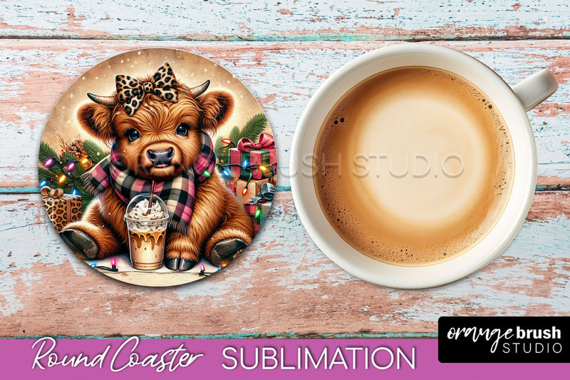 Christmas Highland Cow Round Coaster Sublimation OrangeBrushStudio 