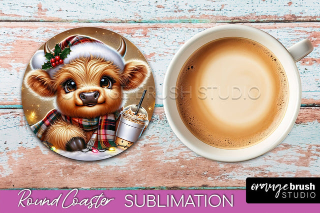 Christmas Highland Cow Round Coaster Sublimation OrangeBrushStudio 