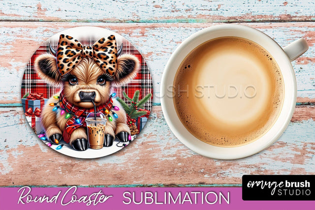 Christmas Highland Cow Round Coaster Sublimation OrangeBrushStudio 