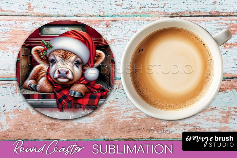 Christmas Highland Cow Round Coaster Sublimation OrangeBrushStudio 