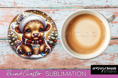 Christmas Highland Cow Round Coaster Sublimation OrangeBrushStudio 