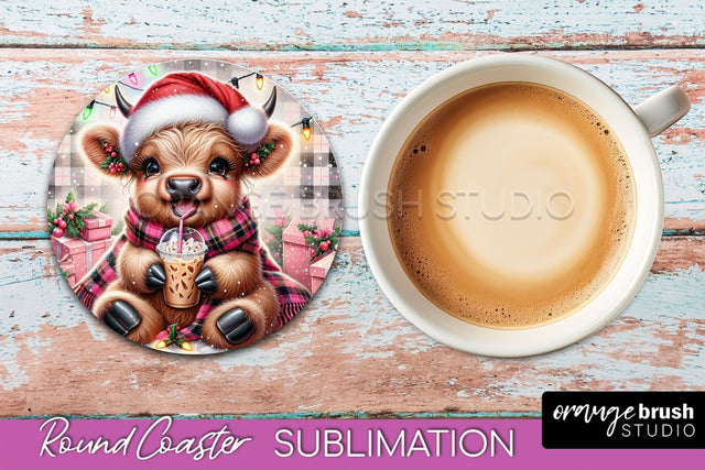 Christmas Highland Cow Round Coaster Sublimation OrangeBrushStudio 