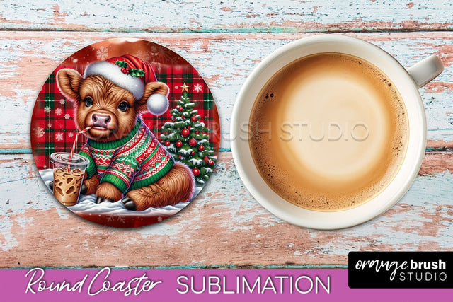 Christmas Highland Cow Round Coaster Sublimation OrangeBrushStudio 