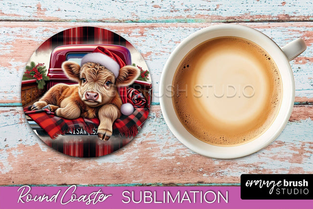 Christmas Highland Cow Round Coaster Sublimation OrangeBrushStudio 