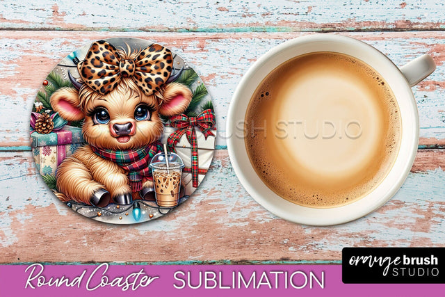 Christmas Highland Cow Round Coaster Sublimation OrangeBrushStudio 