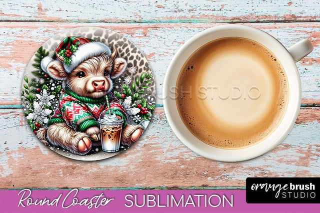 Christmas Highland Cow Round Coaster Sublimation OrangeBrushStudio 