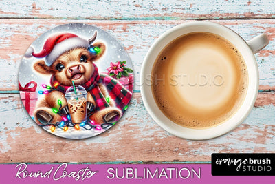 Christmas Highland Cow Round Coaster Sublimation OrangeBrushStudio 