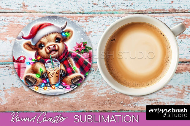 Christmas Highland Cow Round Coaster Sublimation OrangeBrushStudio 