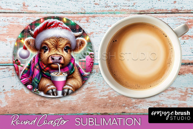 Christmas Highland Cow Round Coaster Sublimation OrangeBrushStudio 