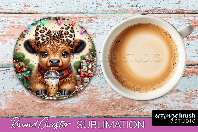 Christmas Highland Cow Round Coaster Sublimation OrangeBrushStudio 