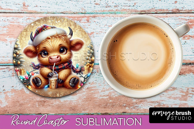 Christmas Highland Cow Round Coaster Sublimation OrangeBrushStudio 