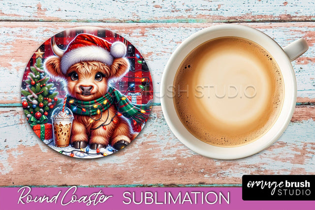 Christmas Highland Cow Round Coaster Sublimation OrangeBrushStudio 
