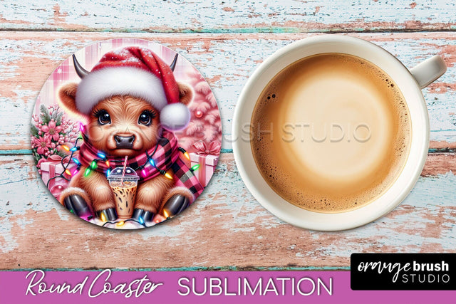 Christmas Highland Cow Round Coaster Sublimation OrangeBrushStudio 