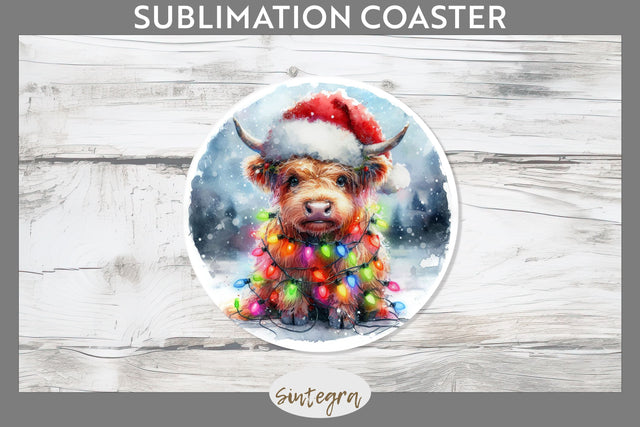 Christmas Highland Cow Round Coaster Sublimation Sublimation Sintegra 
