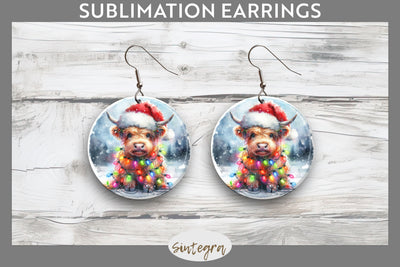 Christmas Highland Cow Round Earrings Sublimation Sublimation Sintegra 
