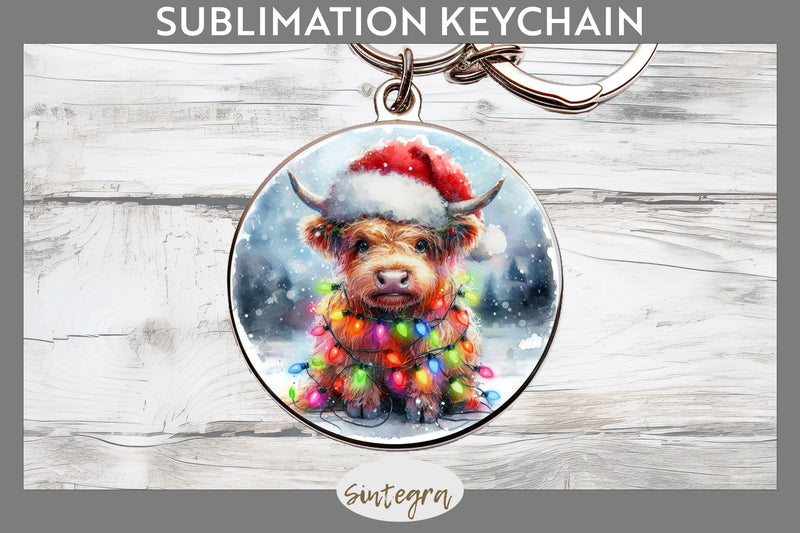 Christmas Highland Cow Round Keychain Sublimation Sublimation Sintegra 