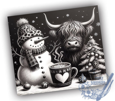 Christmas Highland Cow Snowman Tumbler, Snowman Tumbler, Tumbler Wrap, 20oz Sublimation, Holiday Drinkware, Cow Lover Gift, Winter Decor Sublimation ToriDesigns 