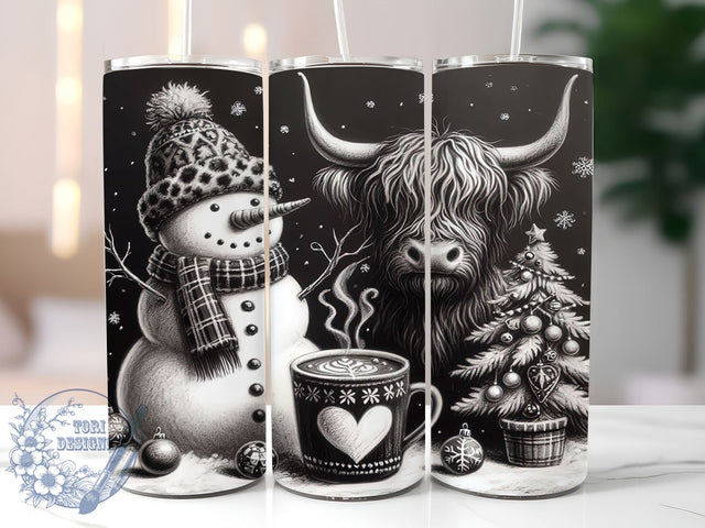 Christmas Highland Cow Snowman Tumbler, Snowman Tumbler, Tumbler Wrap, 20oz Sublimation, Holiday Drinkware, Cow Lover Gift, Winter Decor Sublimation ToriDesigns 