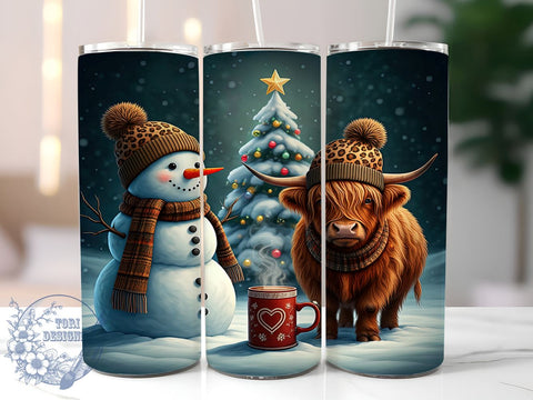 Christmas Highland Cow Snowman Tumbler, Snowman Tumbler, Tumbler Wrap, 20oz Sublimation, Holiday Drinkware, Cow Lover Gift, Winter Decor Sublimation ToriDesigns 