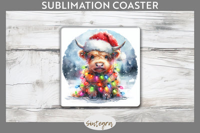 Christmas Highland Cow Square Coaster Sublimation Sublimation Sintegra 