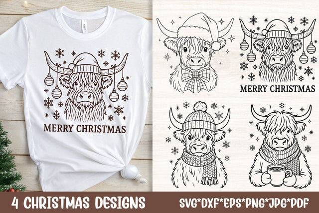 Christmas Highland Cow SVG Cut Files | 4 Farmhouse Winter Cow Designs for Cricut SVG Tafti Art 