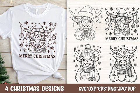 Christmas Highland Cow SVG Cut Files | 4 Farmhouse Winter Cow Designs for Cricut SVG Tafti Art 