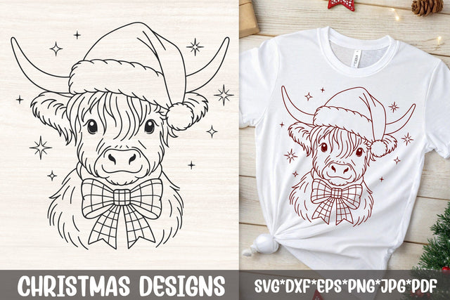Christmas Highland Cow SVG | Santa Hat & Plaid Bow Line Art SVG Tafti Art 
