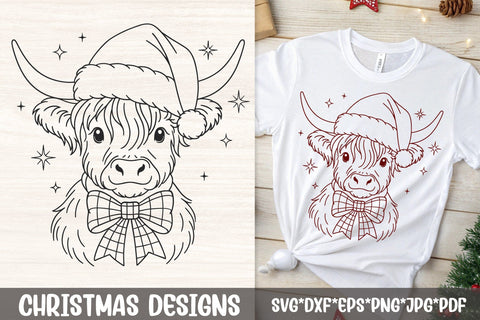 Christmas Highland Cow SVG | Santa Hat & Plaid Bow Line Art SVG Tafti Art 