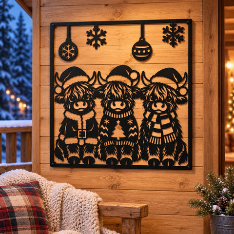 Christmas Highland Cow Trio Laser SVG | Three Cute Cows DXF | Santa Hat Cow Metal Wall Art | Holiday Plasma CNC Cutting File SVG HappyDesignStudio 