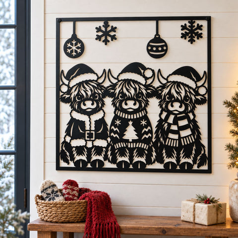Christmas Highland Cow Trio Laser SVG | Three Cute Cows DXF | Santa Hat Cow Metal Wall Art | Holiday Plasma CNC Cutting File SVG HappyDesignStudio 
