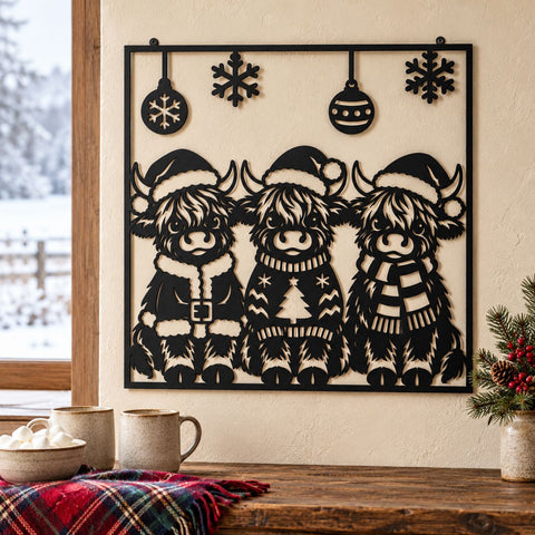 Christmas Highland Cow Trio Laser SVG | Three Cute Cows DXF | Santa Hat Cow Metal Wall Art | Holiday Plasma CNC Cutting File SVG HappyDesignStudio 