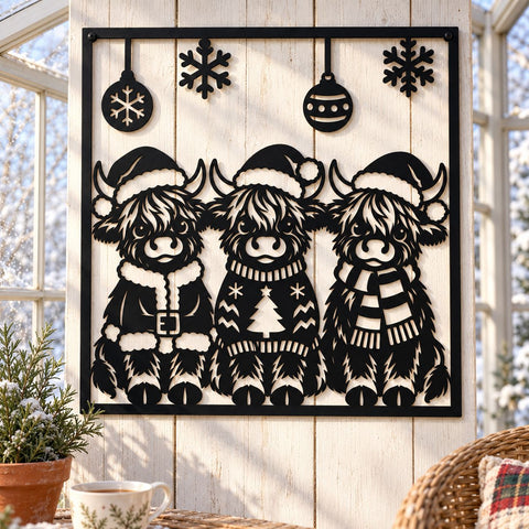 Christmas Highland Cow Trio Laser SVG | Three Cute Cows DXF | Santa Hat Cow Metal Wall Art | Holiday Plasma CNC Cutting File SVG HappyDesignStudio 