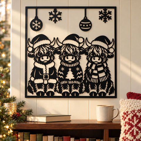 Christmas Highland Cow Trio Laser SVG | Three Cute Cows DXF | Santa Hat Cow Metal Wall Art | Holiday Plasma CNC Cutting File SVG HappyDesignStudio 