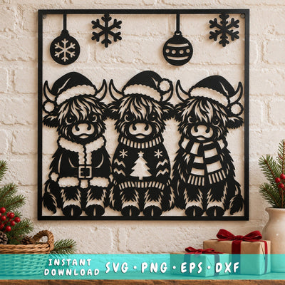 Christmas Highland Cow Trio Laser SVG | Three Cute Cows DXF | Santa Hat Cow Metal Wall Art | Holiday Plasma CNC Cutting File SVG HappyDesignStudio 