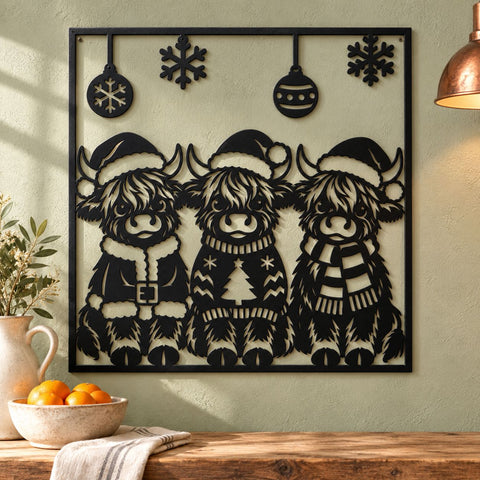 Christmas Highland Cow Trio Laser SVG | Three Cute Cows DXF | Santa Hat Cow Metal Wall Art | Holiday Plasma CNC Cutting File SVG HappyDesignStudio 