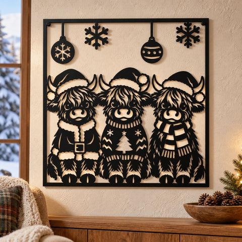 Christmas Highland Cow Trio Laser SVG | Three Cute Cows DXF | Santa Hat Cow Metal Wall Art | Holiday Plasma CNC Cutting File SVG HappyDesignStudio 