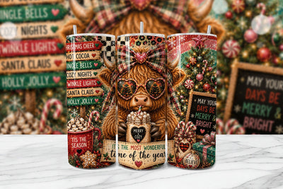 Christmas Highland Cow Tumbler Wrap PNG Sublimation BijouBay 