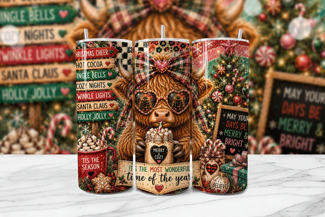 Christmas Highland Cow Tumbler Wrap PNG Sublimation BijouBay 