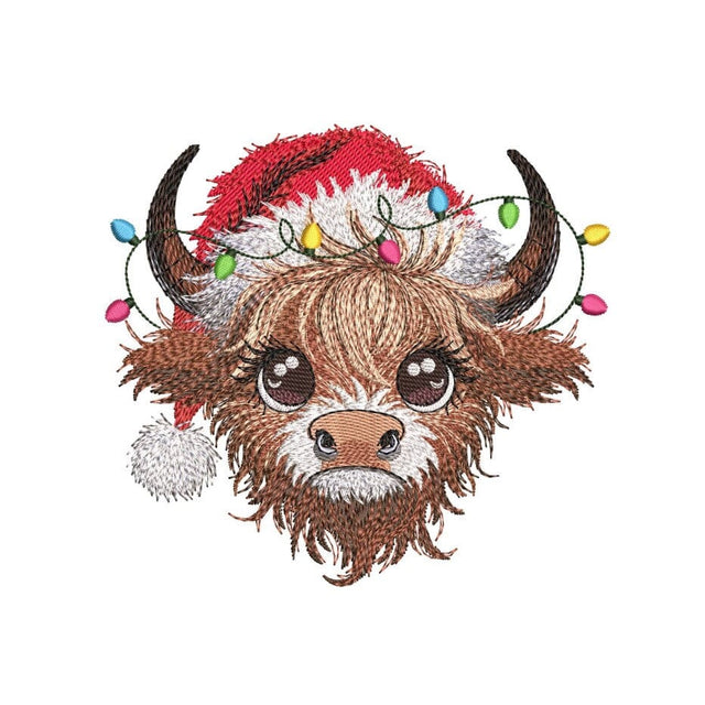 Christmas Highland Cow with Christmas Lights Embroidery Design, Farm Animal Embroidery File, 3 Sizes, Instant Download Embroidery/Applique DESIGNS Nino Nadaraia 
