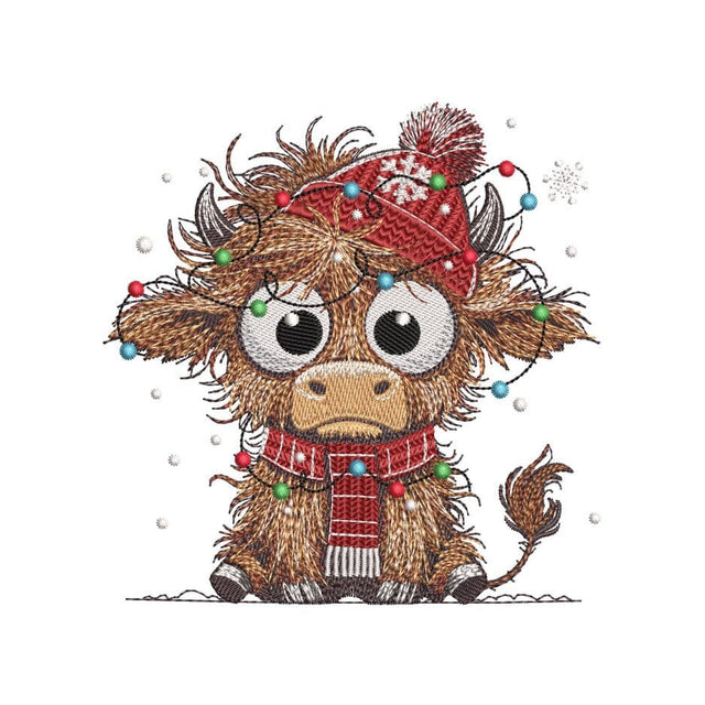 Christmas Highland Cow with Christmas Lights Embroidery Design, Farm Animal Embroidery File, 3 Sizes, Instant Download Embroidery/Applique DESIGNS Nino Nadaraia 