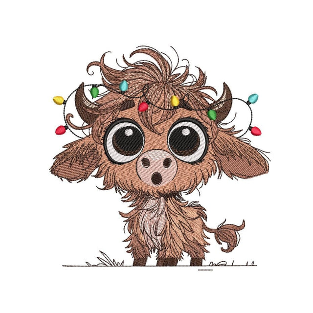Christmas Highland Cow with Christmas Lights Embroidery Design, Farm Animal Embroidery File, 3 Sizes, Instant Download Embroidery/Applique DESIGNS Nino Nadaraia 