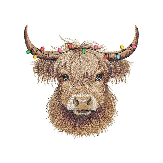 Christmas Highland Cow with Christmas Lights Embroidery Design, Farm Animal Embroidery File, 3 sizes, Instant Download Embroidery/Applique DESIGNS Nino Nadaraia 