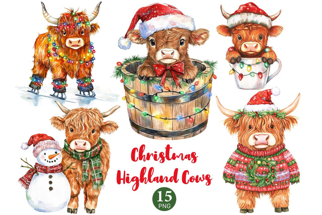 Christmas Highland Cows Clipart | Xmas Animals PNG SVG GlamArtZhanna 