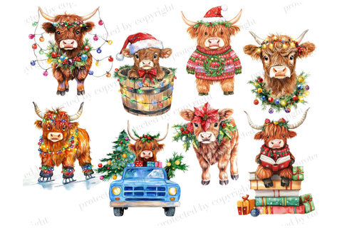 Christmas Highland Cows Clipart | Xmas Animals PNG SVG GlamArtZhanna 