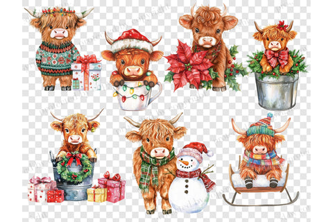 Christmas Highland Cows Clipart | Xmas Animals PNG SVG GlamArtZhanna 