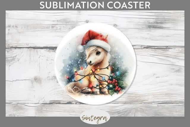 Christmas Horse Animal Entangled in Lights Round Coaster Sublimation Sublimation Sintegra 
