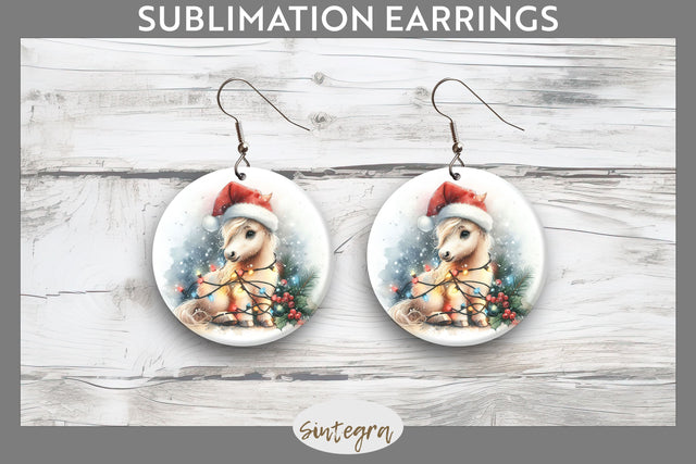 Christmas Horse Animal Entangled in Lights Round Earrings Sublimation Sublimation Sintegra 