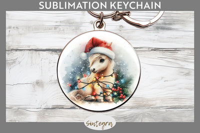 Christmas Horse Animal Entangled in Lights Round Keychain Sublimation Sublimation Sintegra 