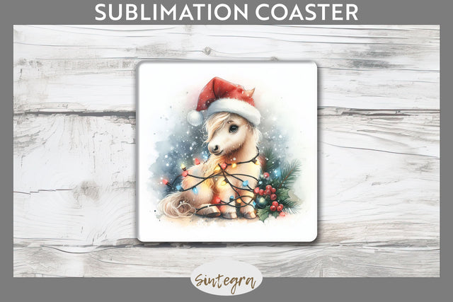 Christmas Horse Animal Entangled in Lights Square Coaster Sublimation Sublimation Sintegra 