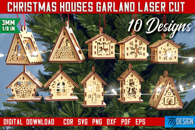 Christmas Houses Garland Bundle | DIY | Christmas Tree Toy | Santas House | CNC Files SVG Fly Design 